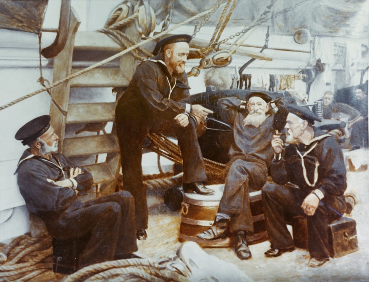 A sailor spinning sea yarns with three mates on the deck of a ship.