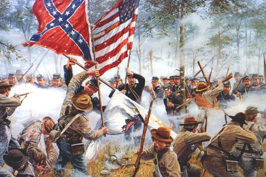 Union and Confederate Armies Class in close battle in woods amid gunfire and smoke.