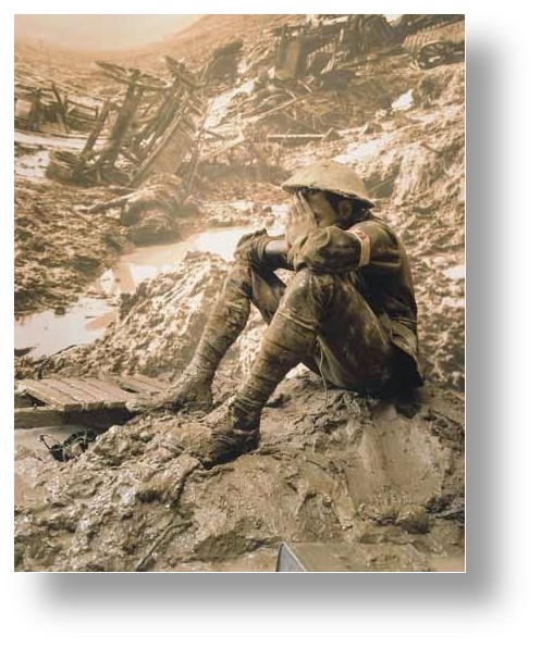 Soldier crying in a muddy battlefield.