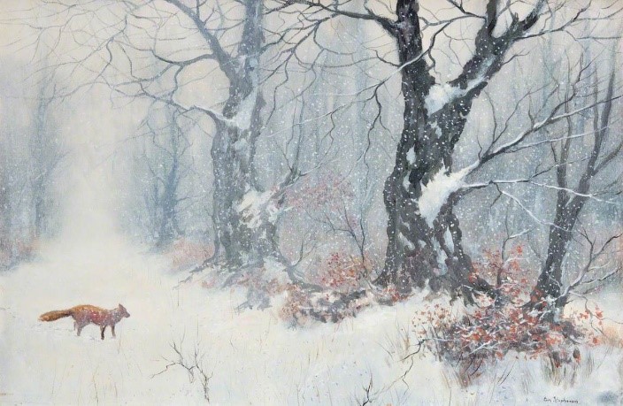 Fox walking in snowy forest