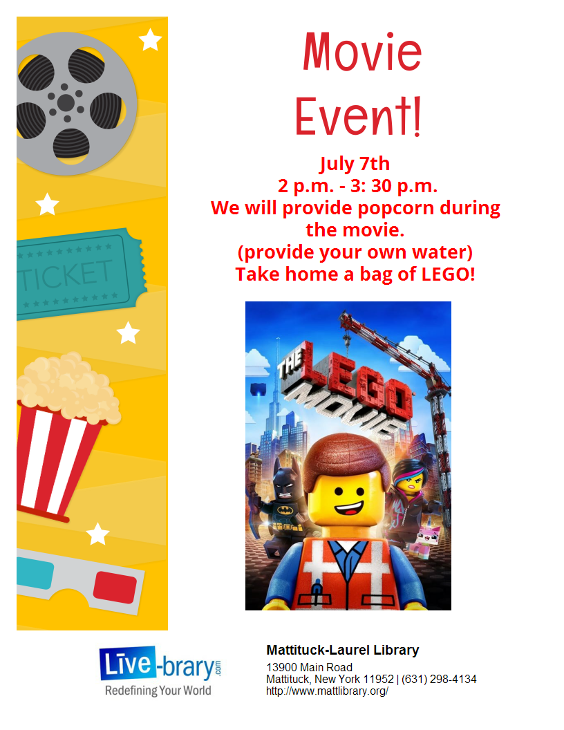Enjoy thia movie while enjoying popcorn.  You provide water.  Leave with a bag of LEGO