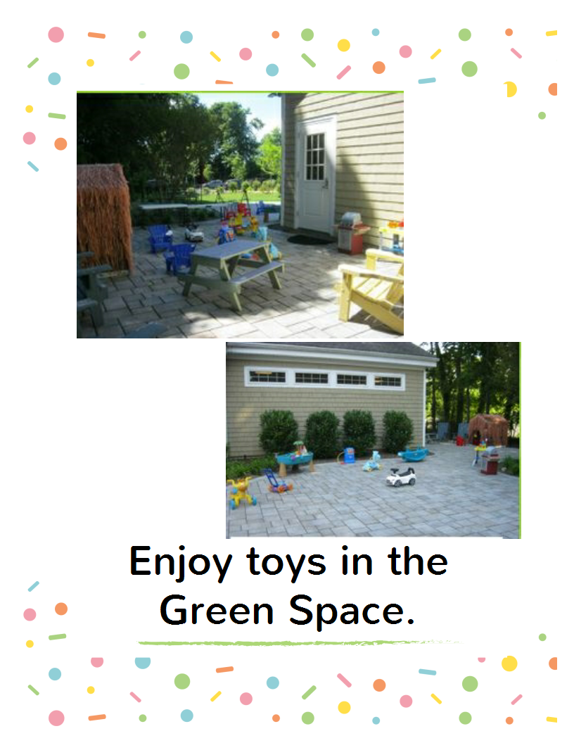 Bring your coffee and relax while your children enjoy toys in the green space.